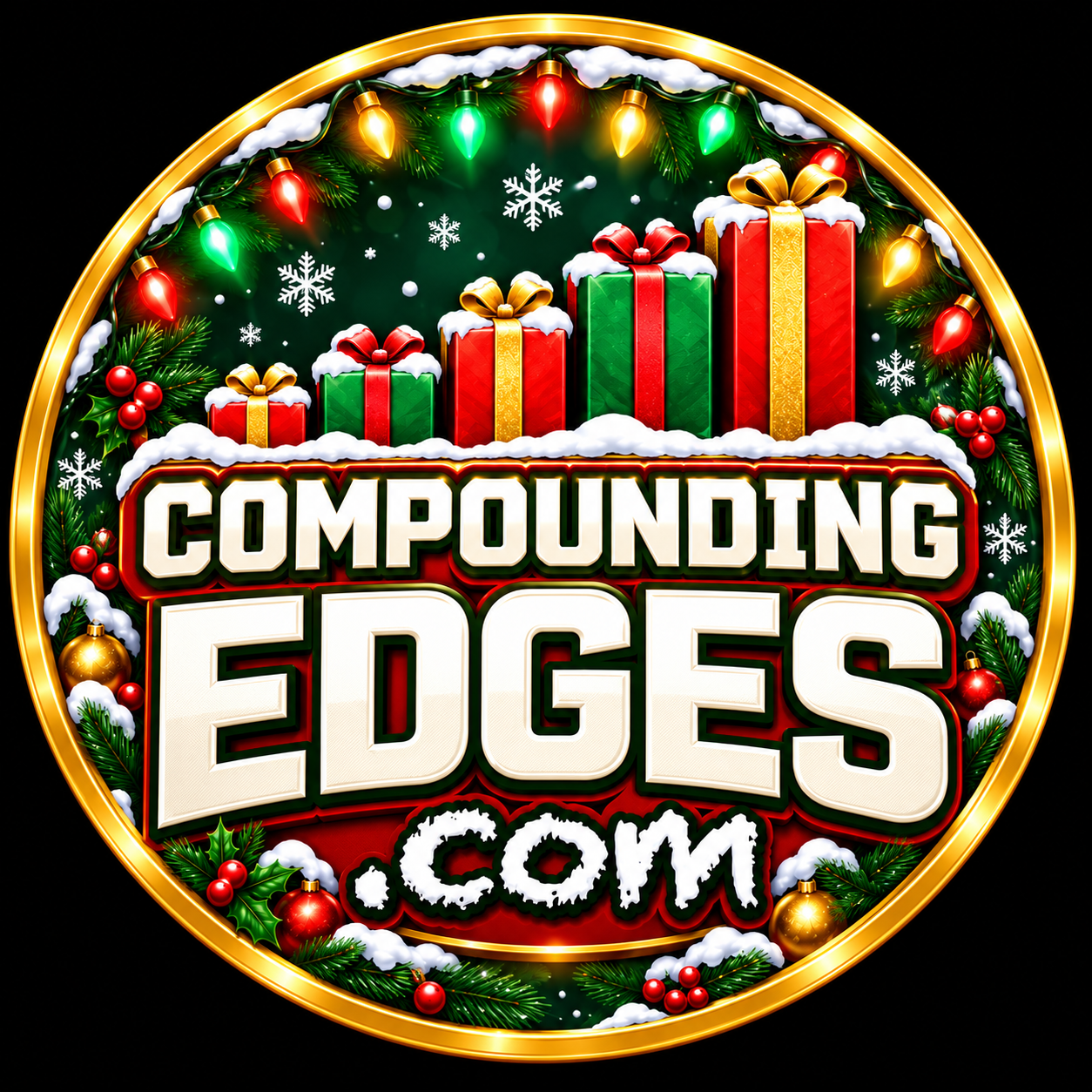 Christmas Compounding Edges logo with snow, festive lights, and rising gift boxes.