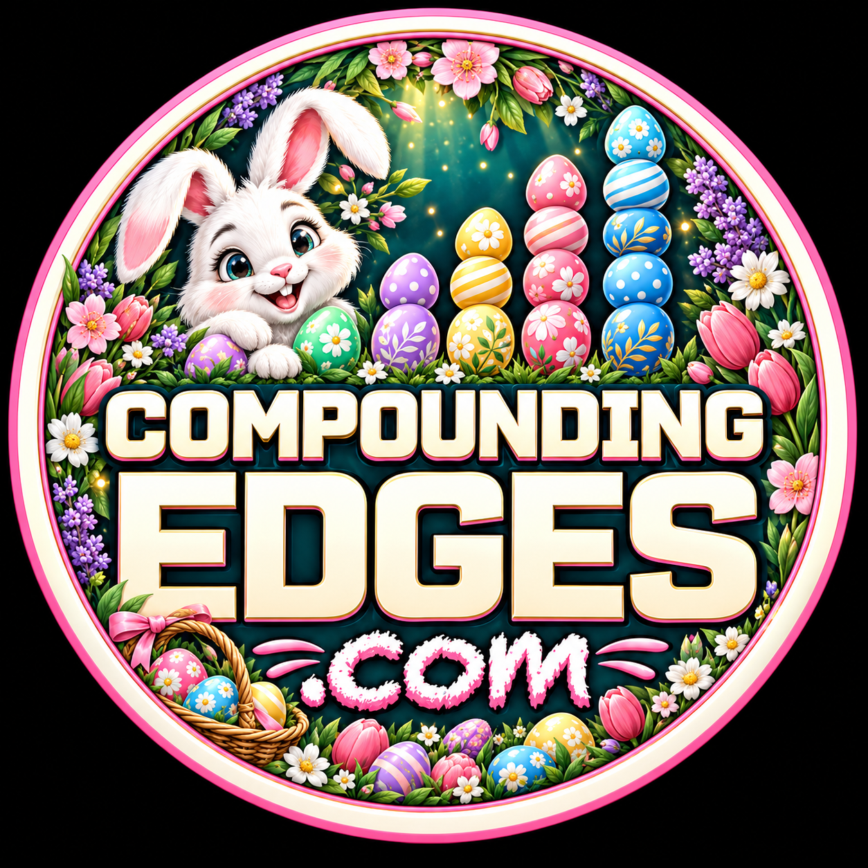 Easter Compounding Edges logo with a white bunny, a flowering garden border, and five rising stacks of decorated eggs.