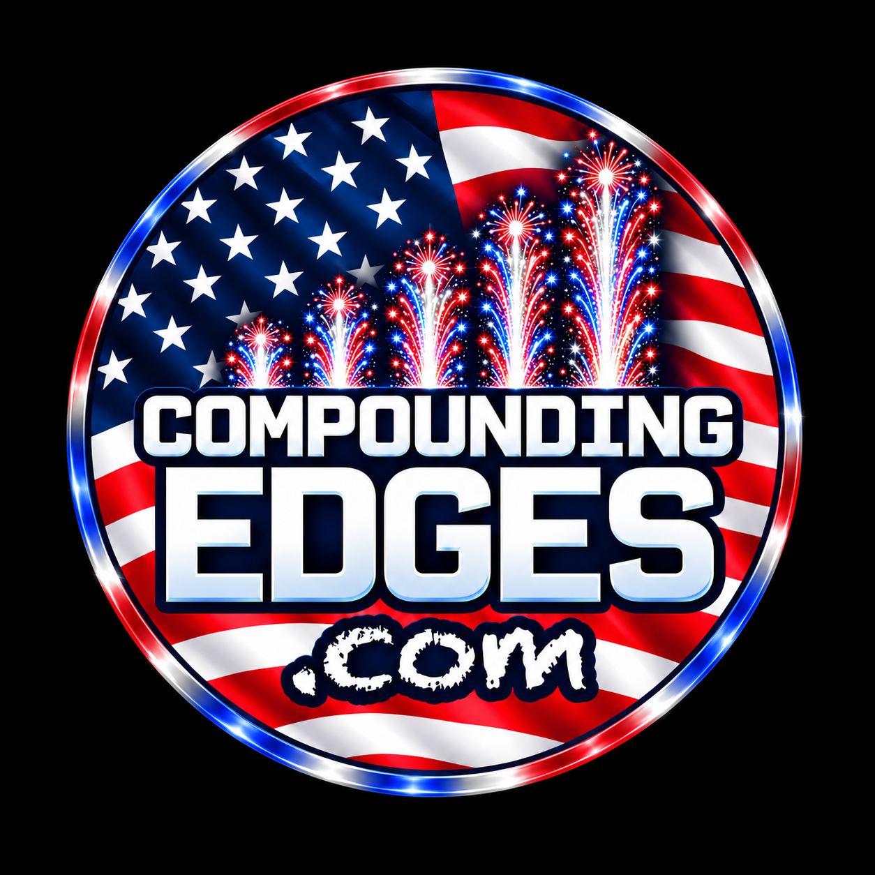 Fourth of July Compounding Edges logo with five rising fireworks, an American flag background, and a red, white, and blue border.