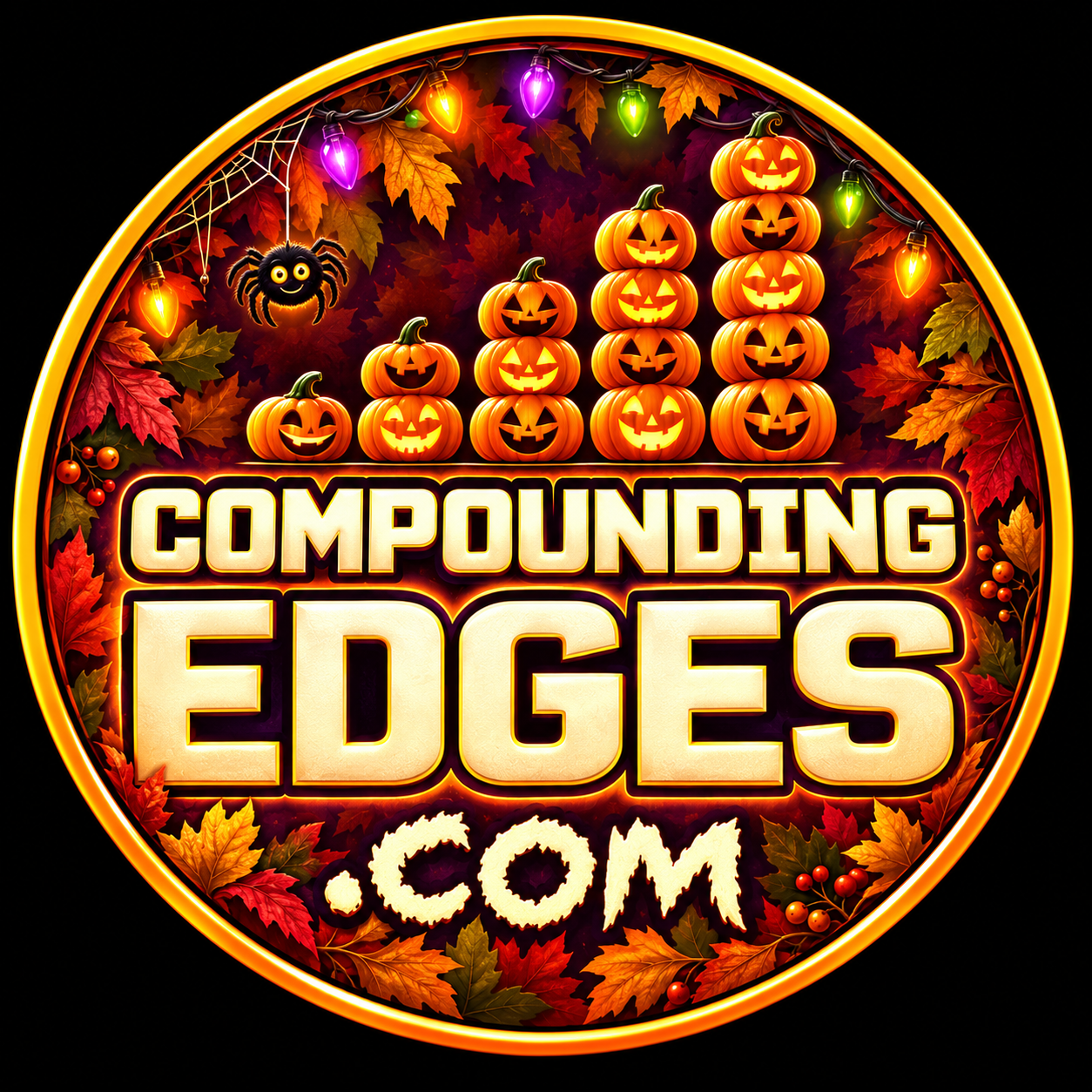 Halloween Compounding Edges logo with rising pumpkin stacks, colorful lights, and a spider.