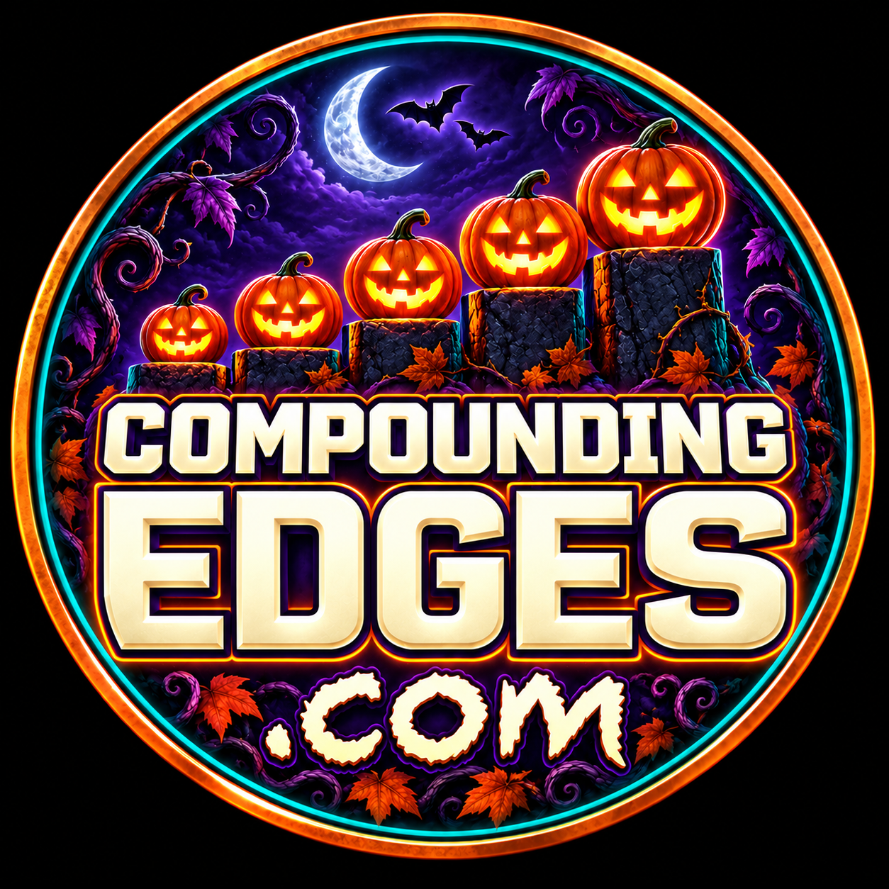 Midnight Halloween Compounding Edges logo with ivory letters and five rising jack-o'-lanterns under a crescent moon.