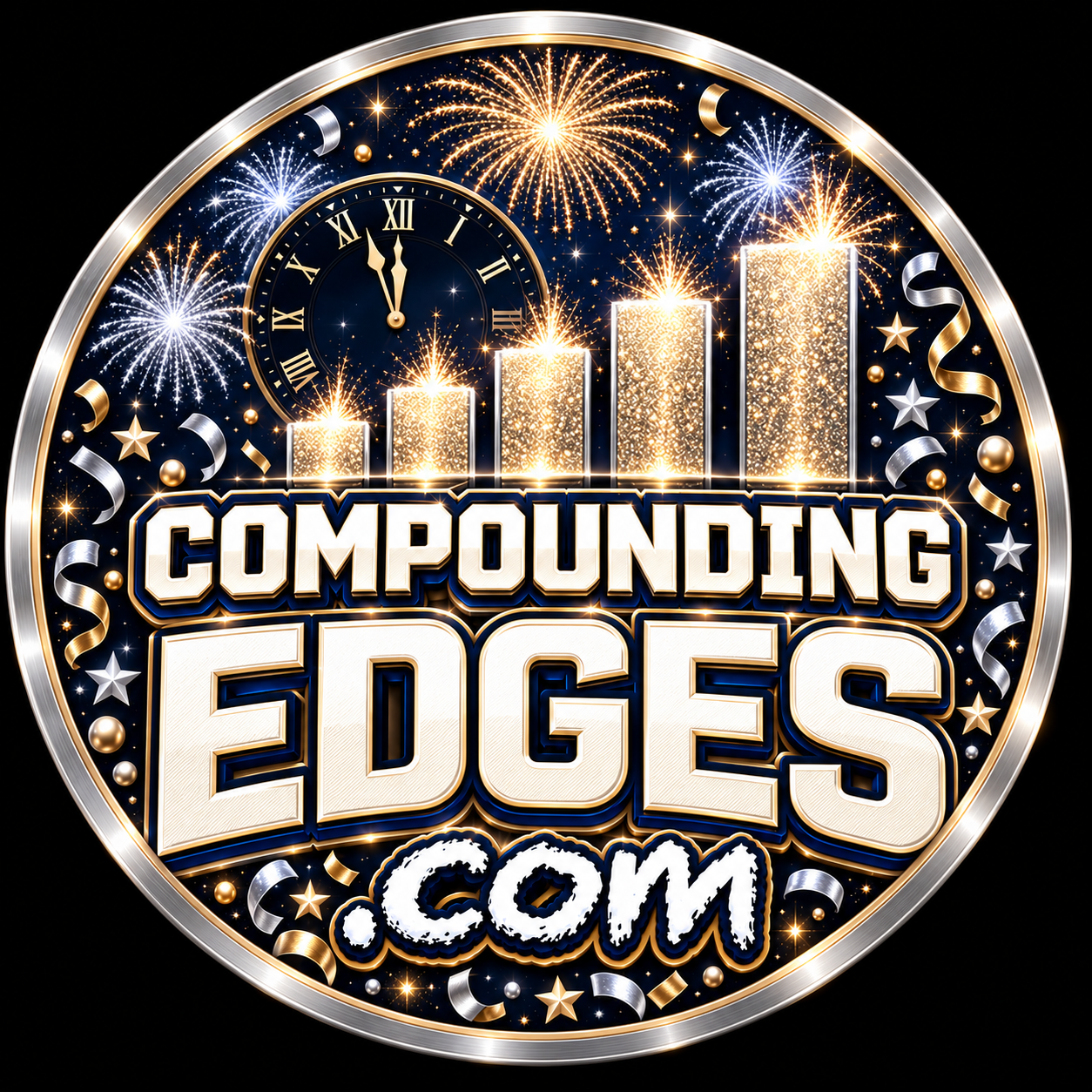 New Year's Eve Compounding Edges logo with a midnight clock, silver fireworks, and rising champagne-colored bars.