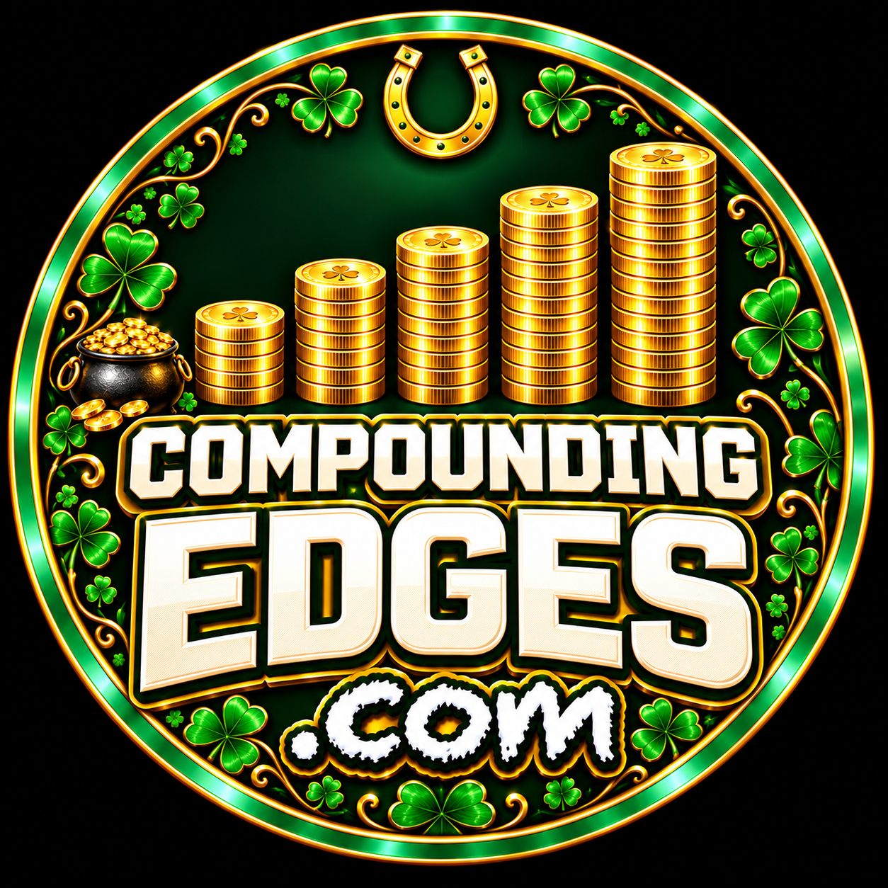 St. Patrick's Day Compounding Edges logo with five rising gold coin stacks and an emerald shamrock border.