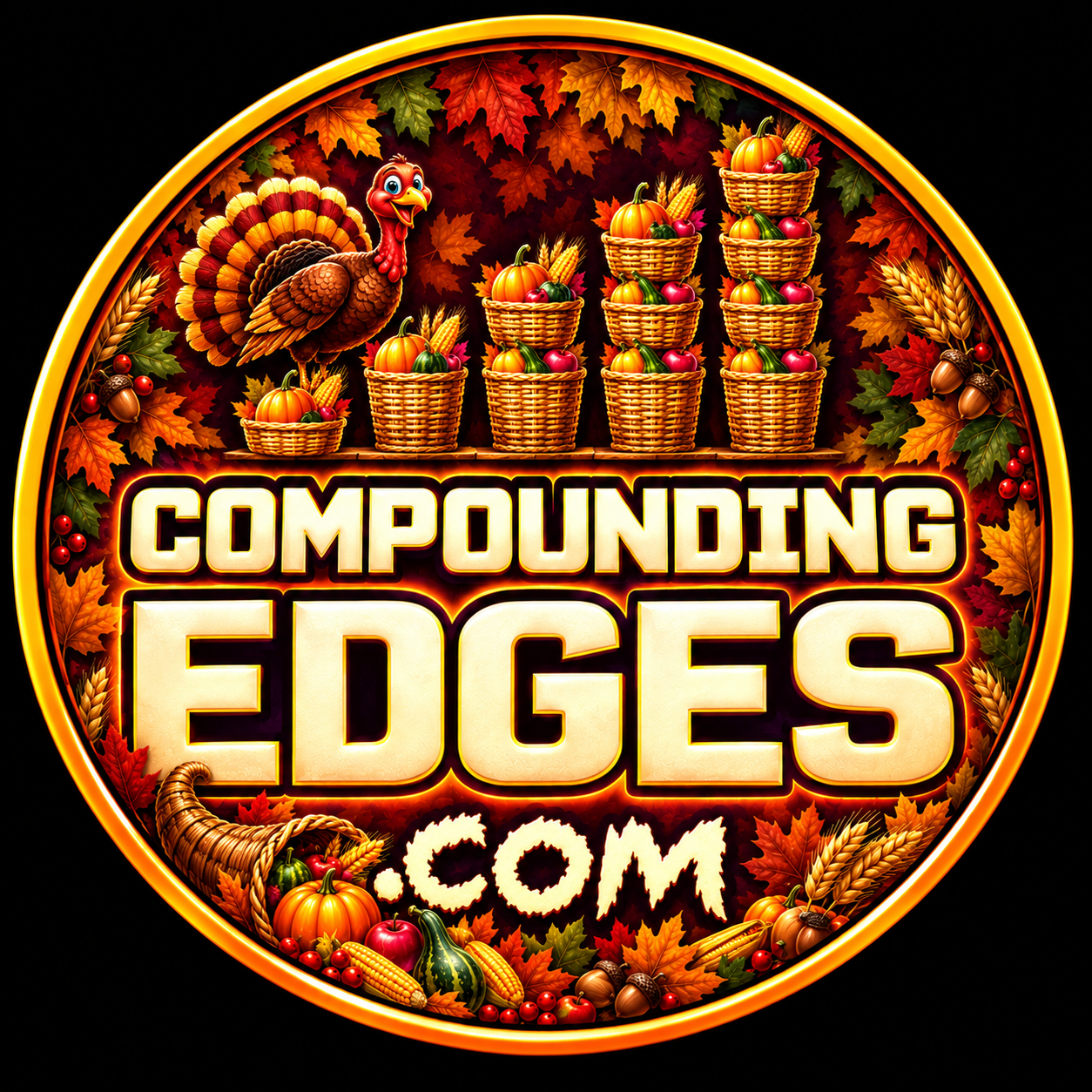 Thanksgiving Compounding Edges logo with a turkey, cornucopia, and rising harvest baskets.