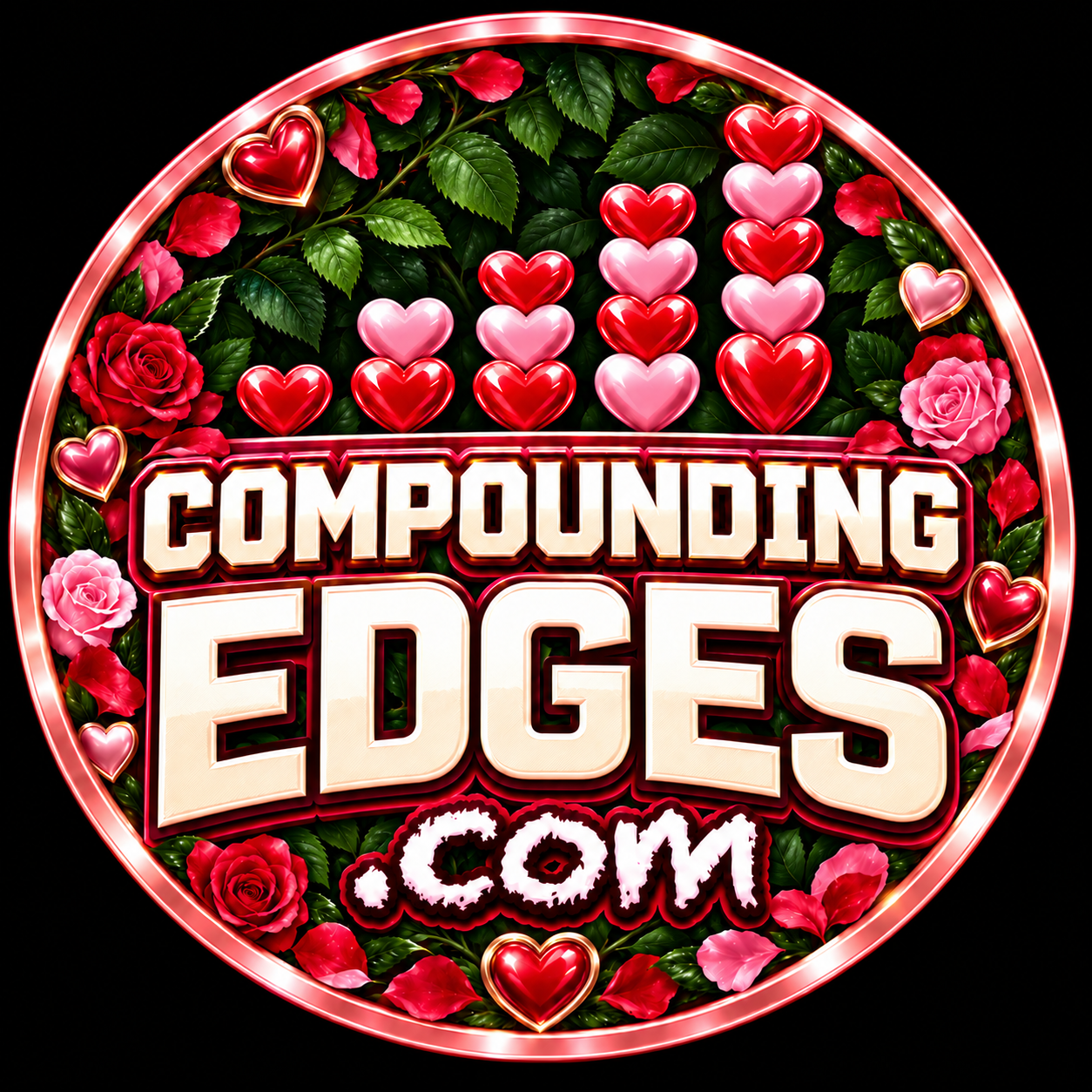 Valentine's Day Compounding Edges logo with five rising heart stacks against deep green rose leaves.