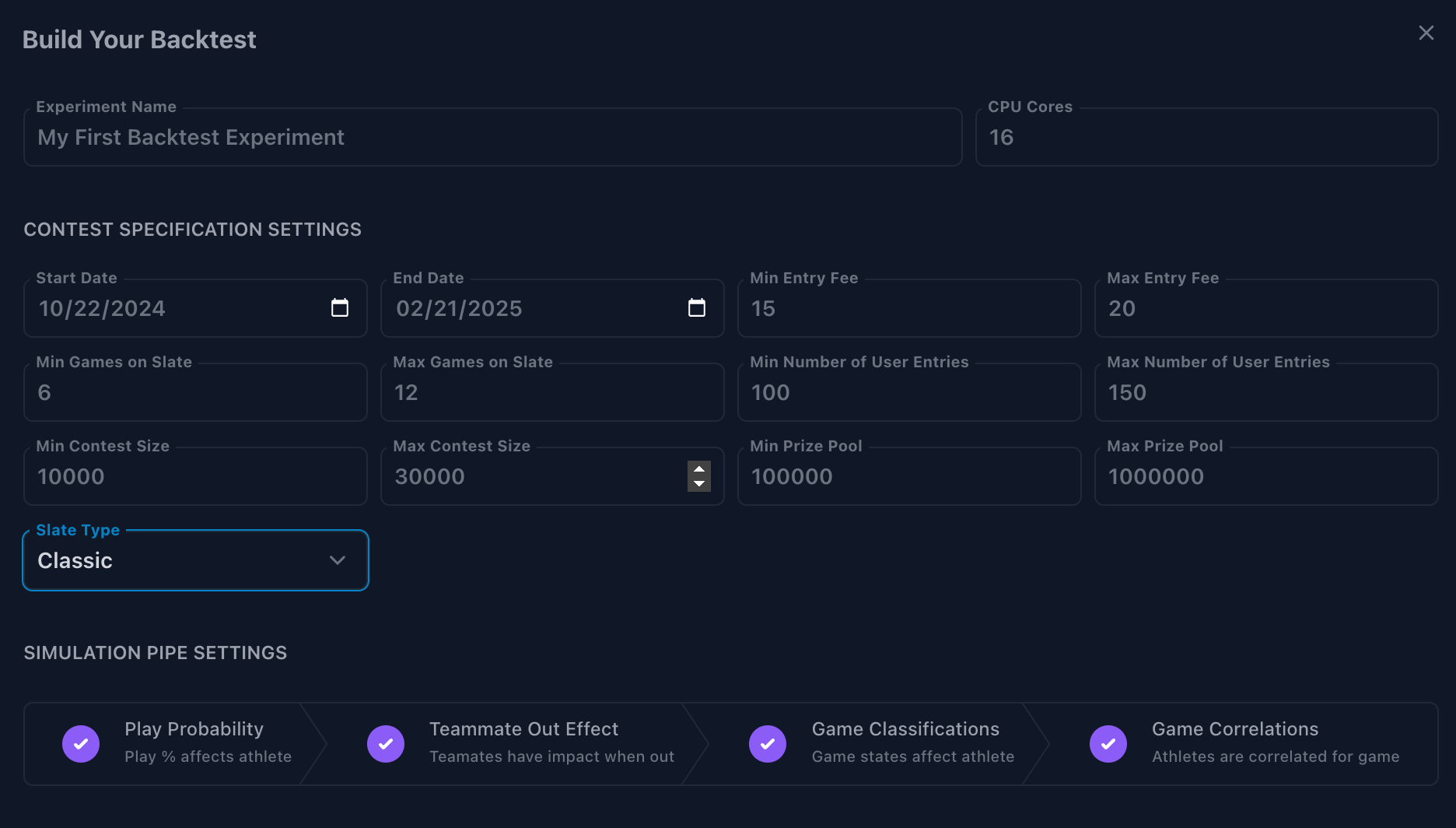 Parameter selection for backtesting